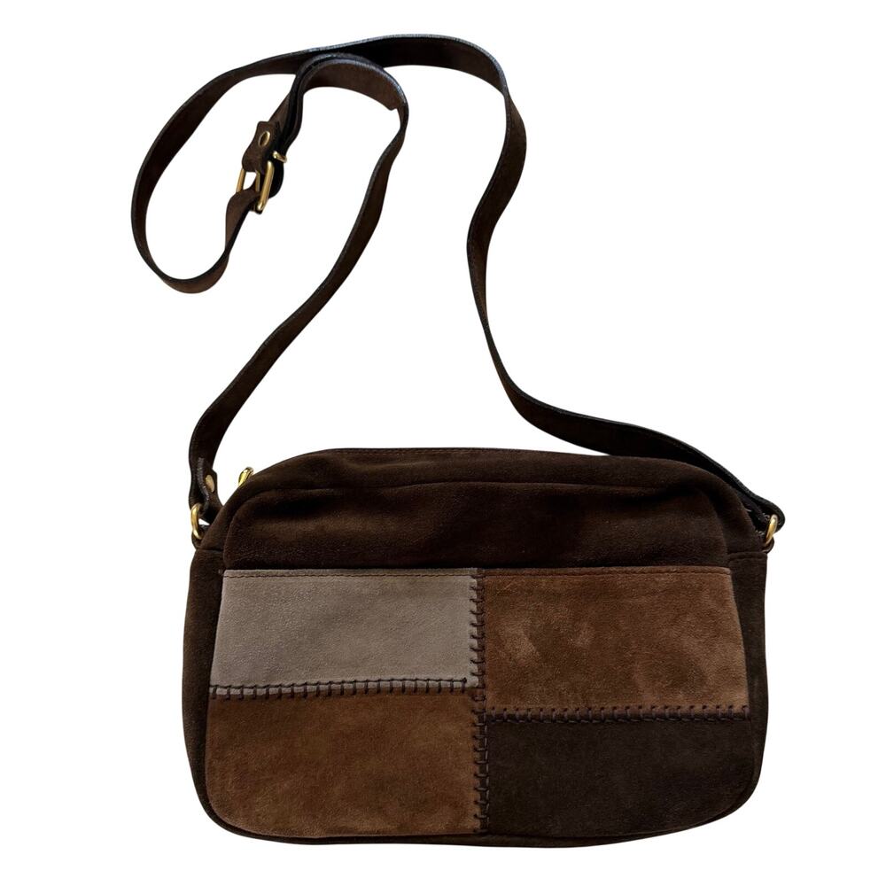 Saks Fifth Avenue Genuine Brown Leather Suede Patchwork Crossbody Purse Bag Boho